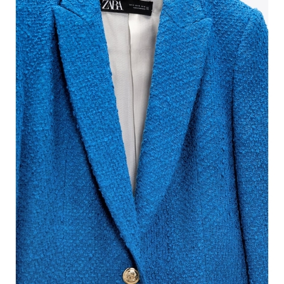 NWT Zara Chanel Style Blue Textured Tweed Long Blazer Coat - Picture 4 of 6